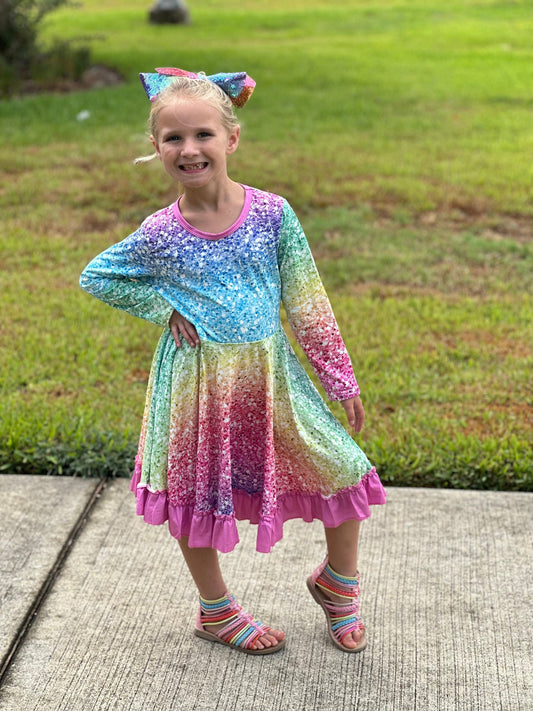 Rainbow Sparkles Long Sleeve Twirl Dress