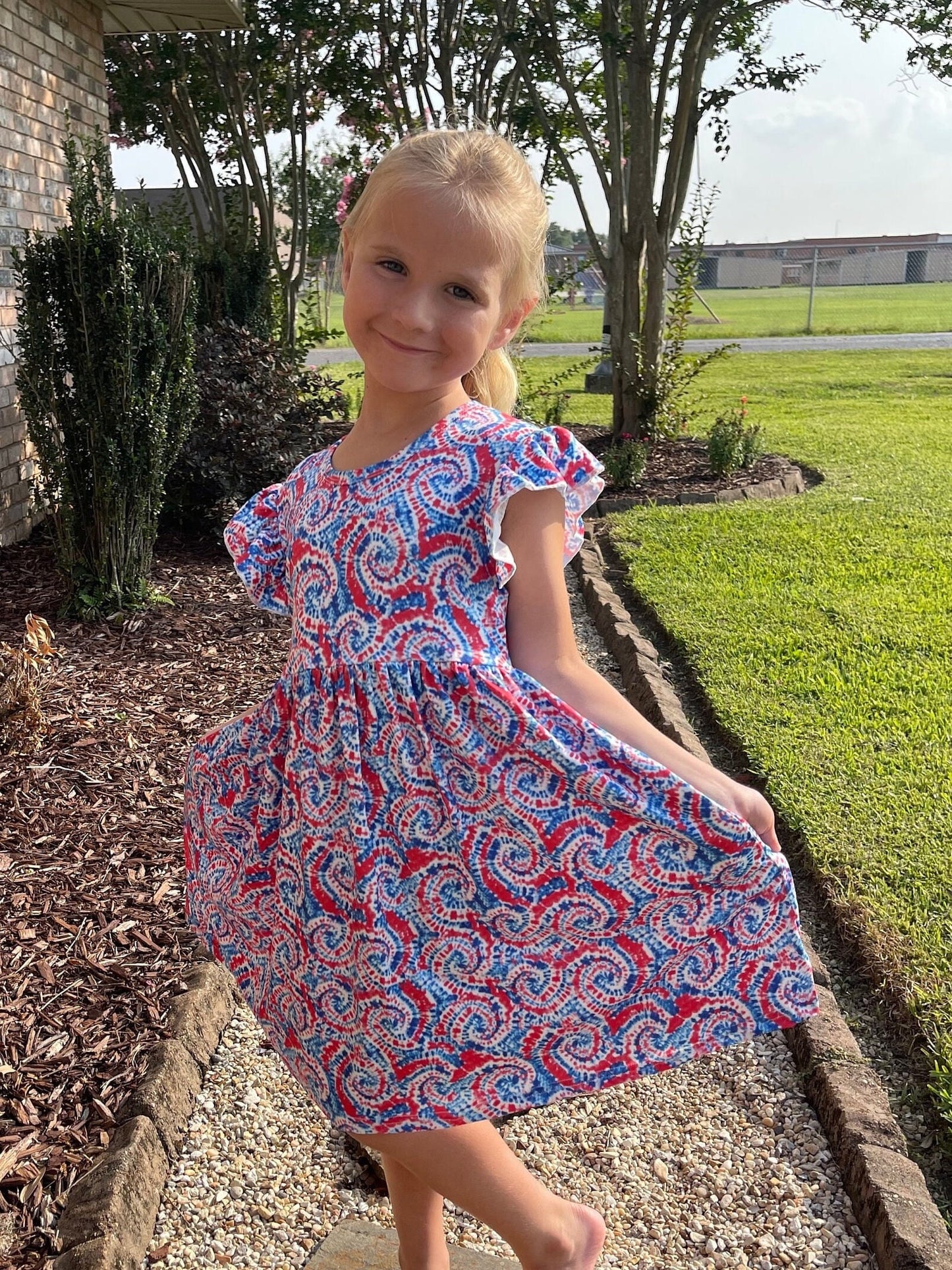 Red white and blue tye die flutter dress