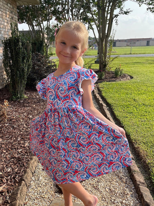 Red white and blue tye die flutter dress