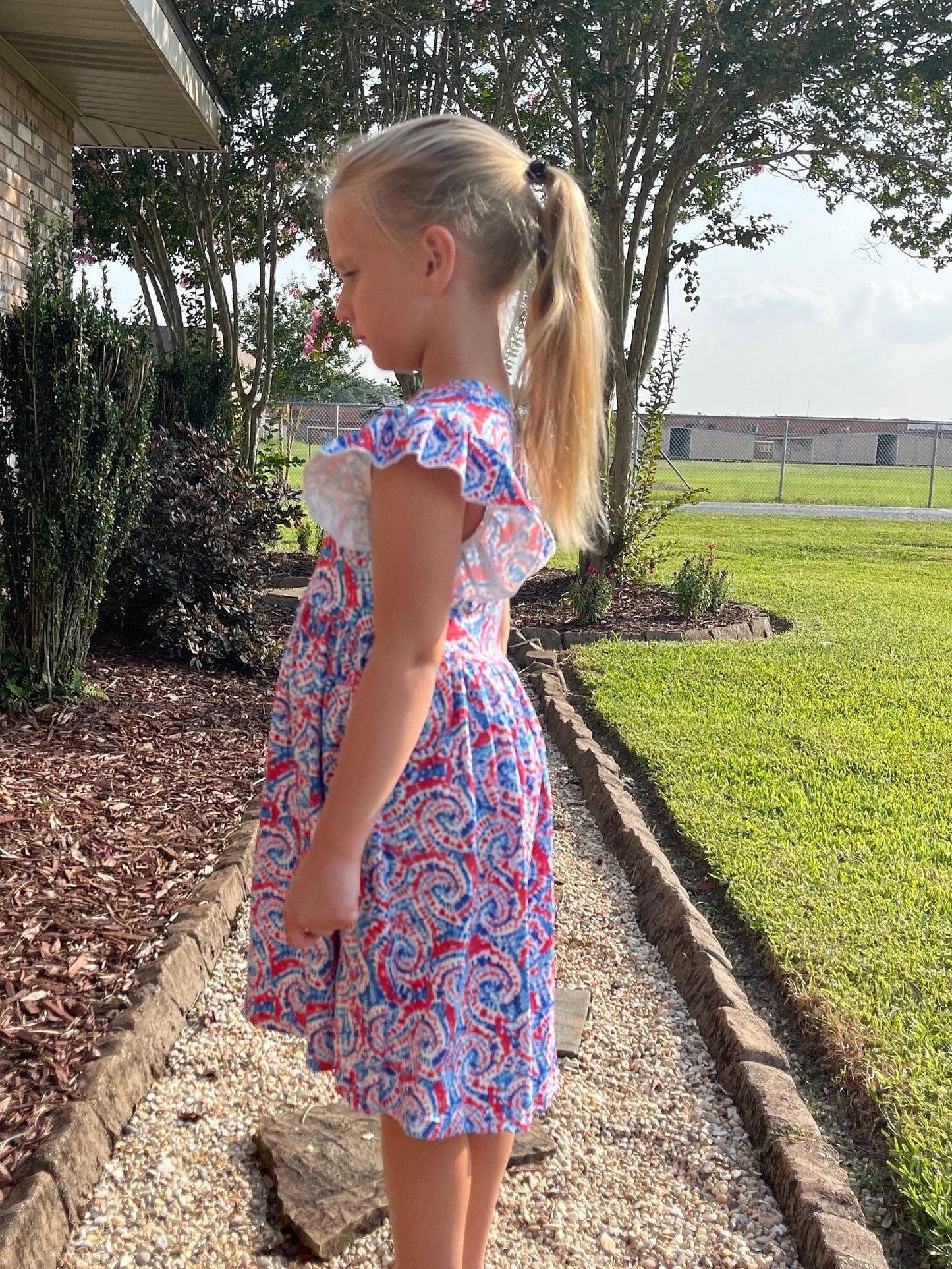 Red white and blue tye die flutter dress