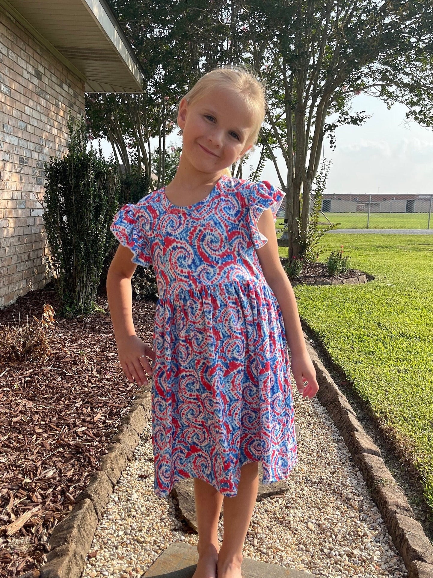 Red white and blue tye die flutter dress