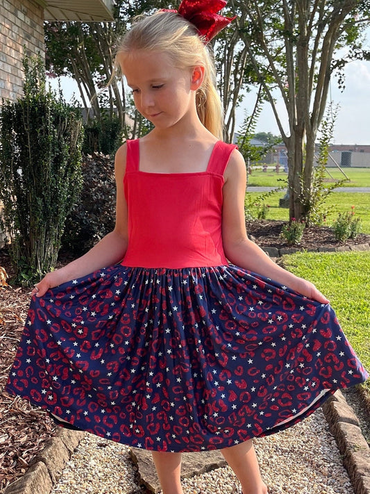 Red white and blue leopard color block tank