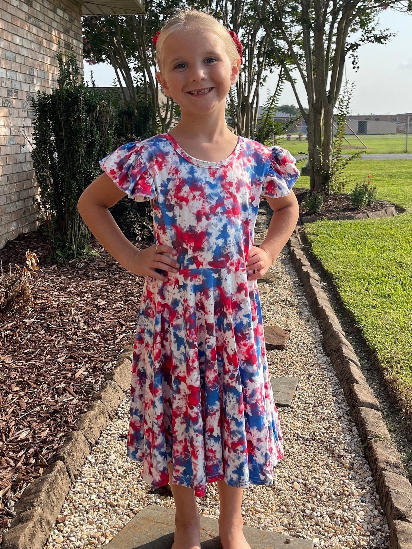 Red white and blue marble flutter dress