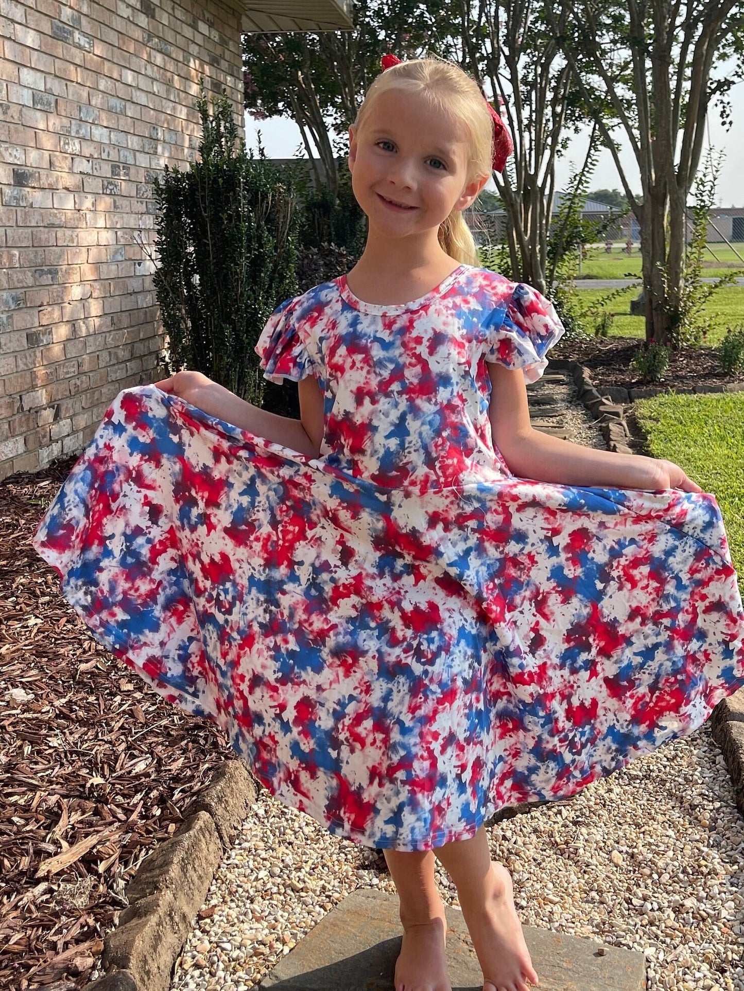 Red white and blue marble flutter dress