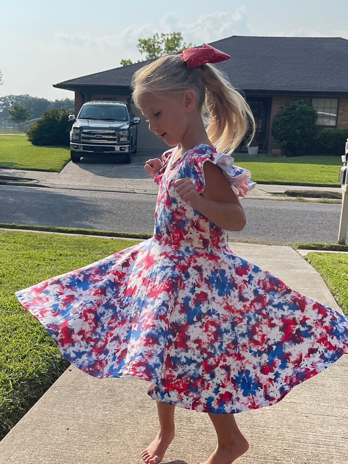 Red white and blue marble flutter dress