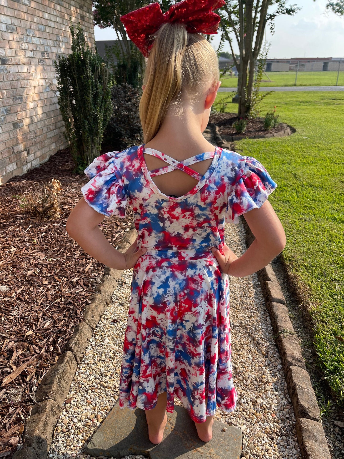 Red white and blue marble flutter dress