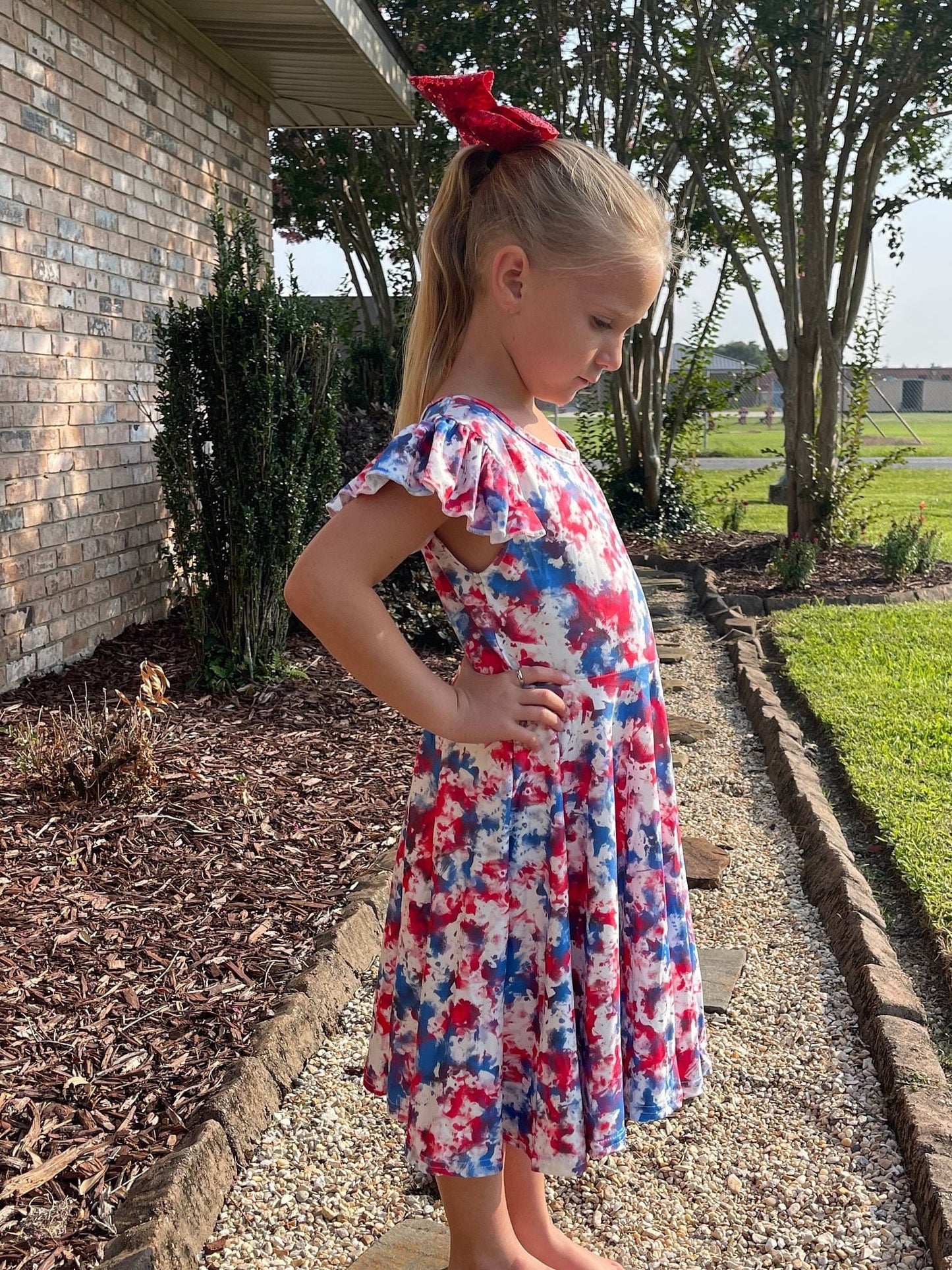 Red white and blue marble flutter dress