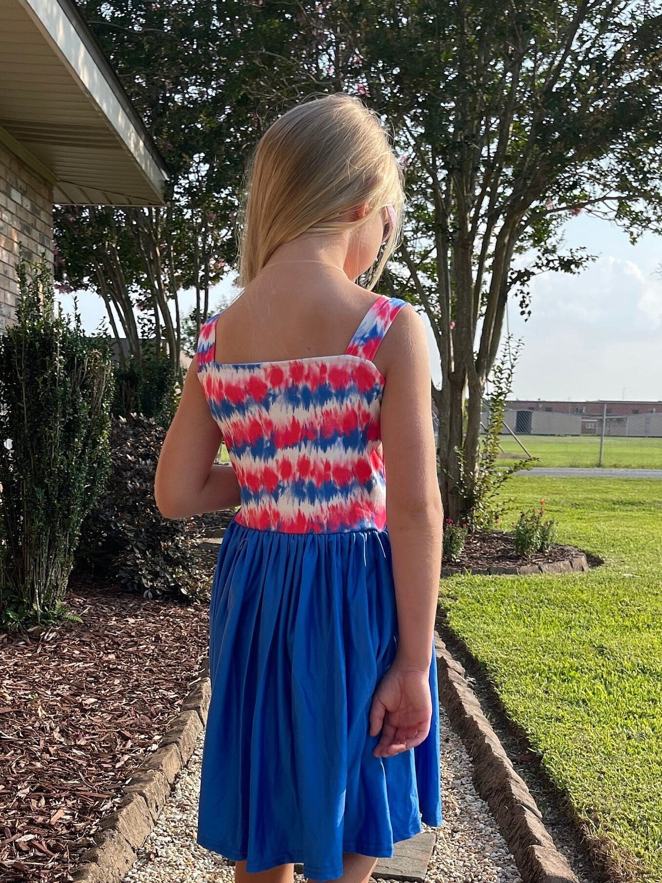 Red white and blue tye die heart tank