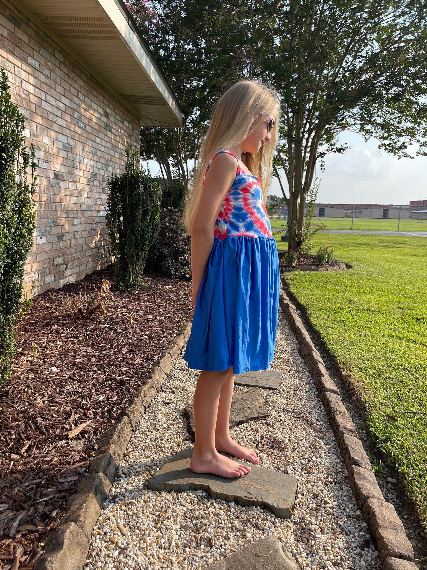 Red white and blue tye die heart tank