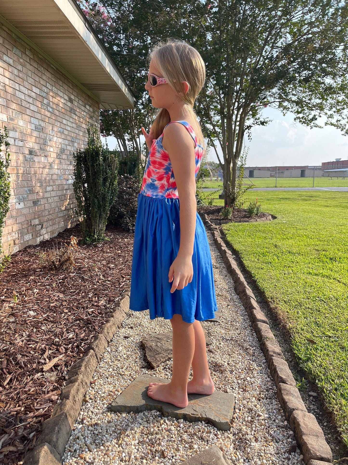 Red white and blue tye die heart tank