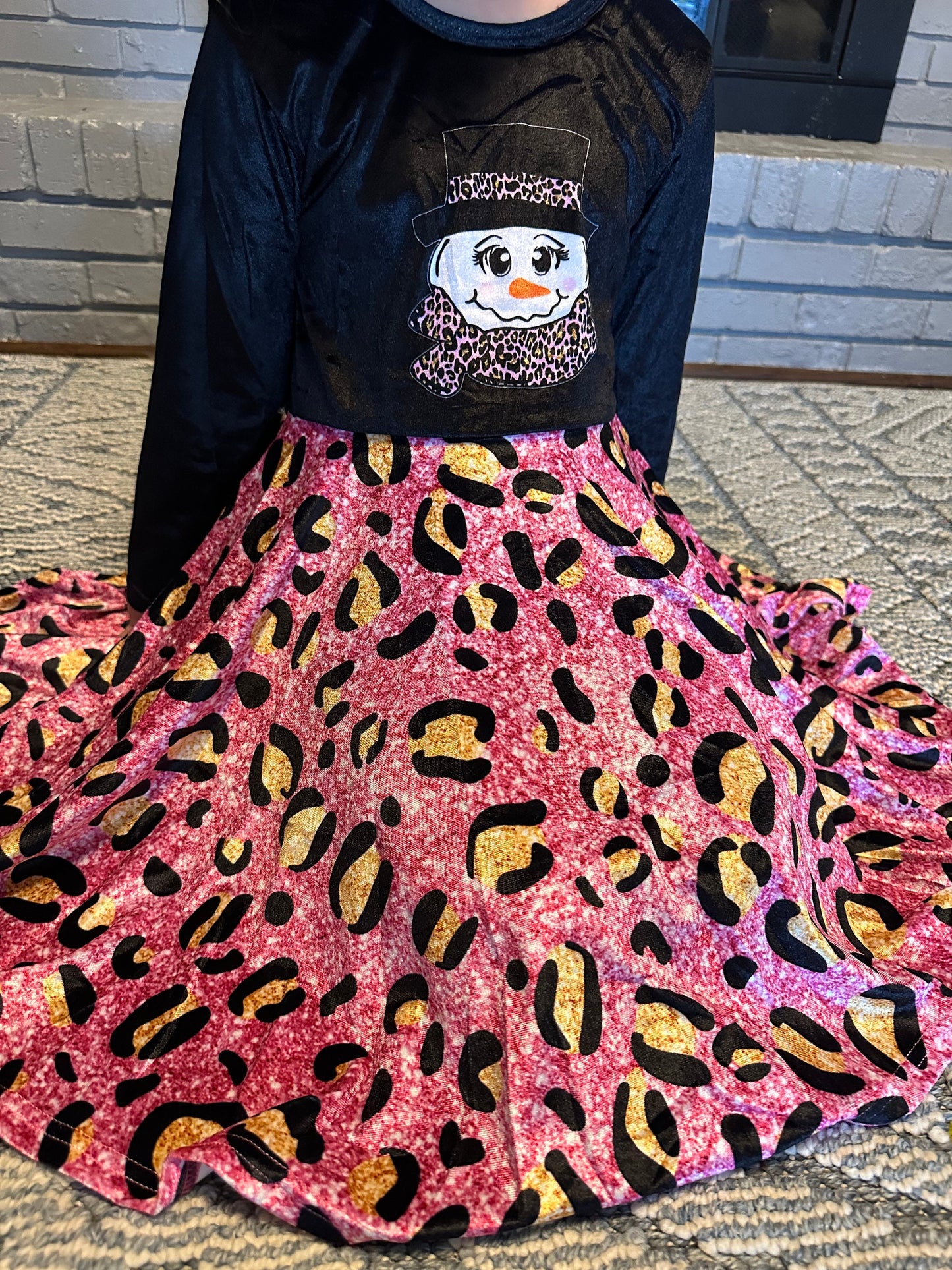 Snowman Leopard Velvet Twirl Dress