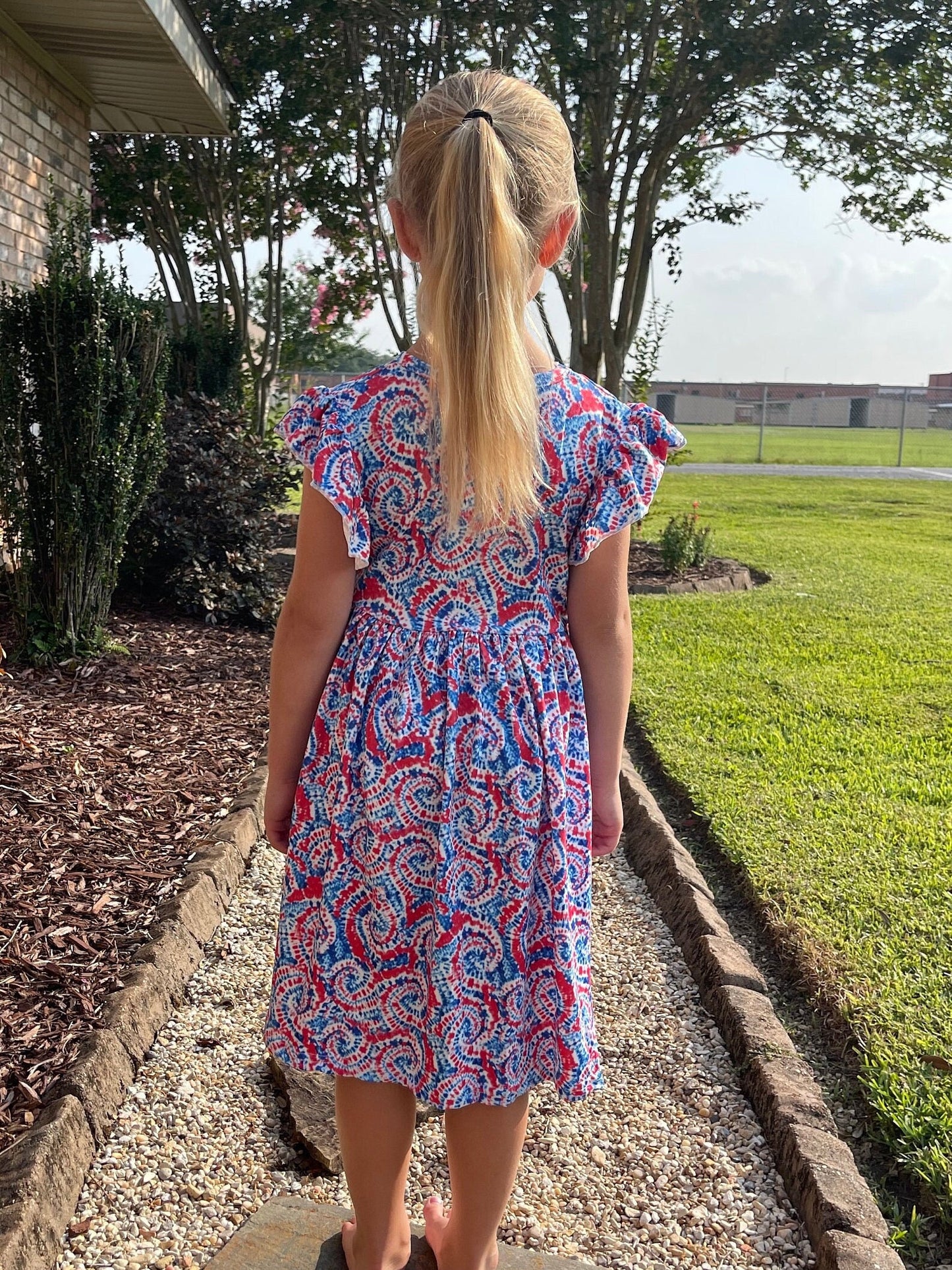 Red white and blue tye die flutter dress