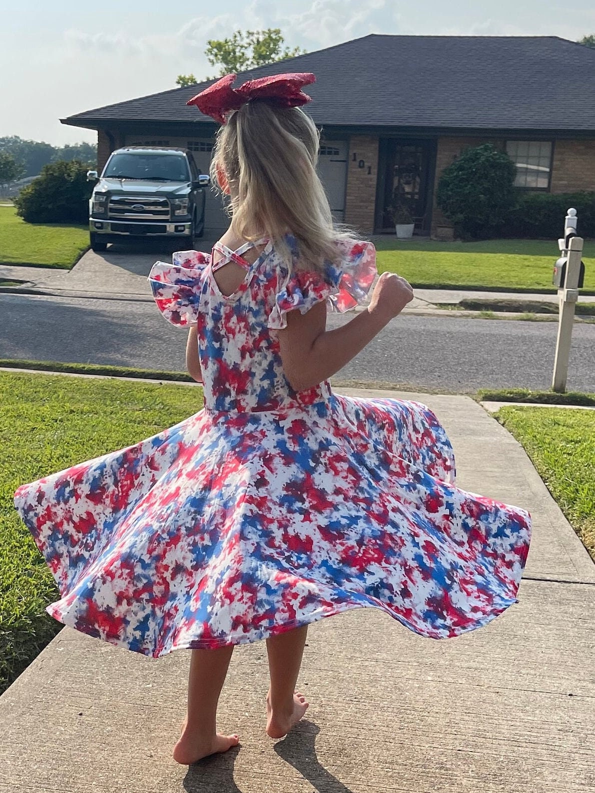 Red white and blue marble flutter dress