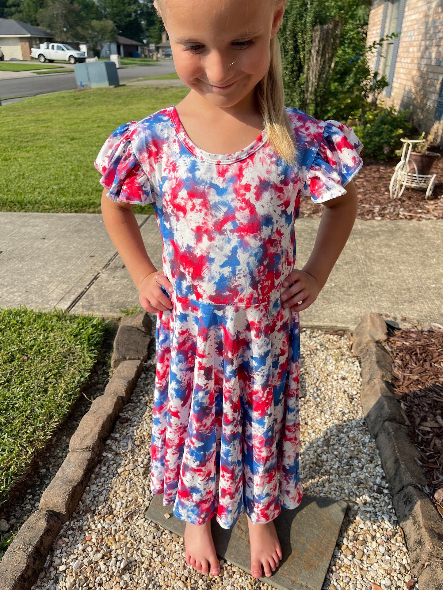 Red white and blue marble flutter dress