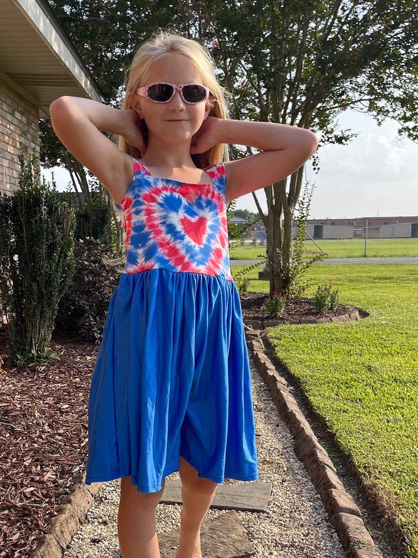 Red white and blue tye die heart tank