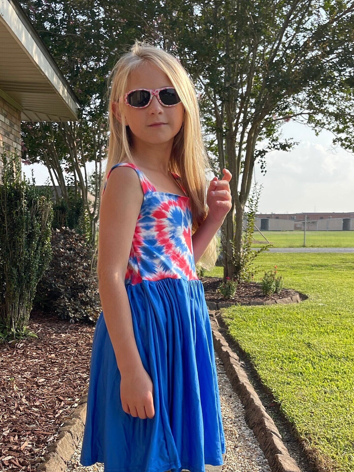 Red white and blue tye die heart tank