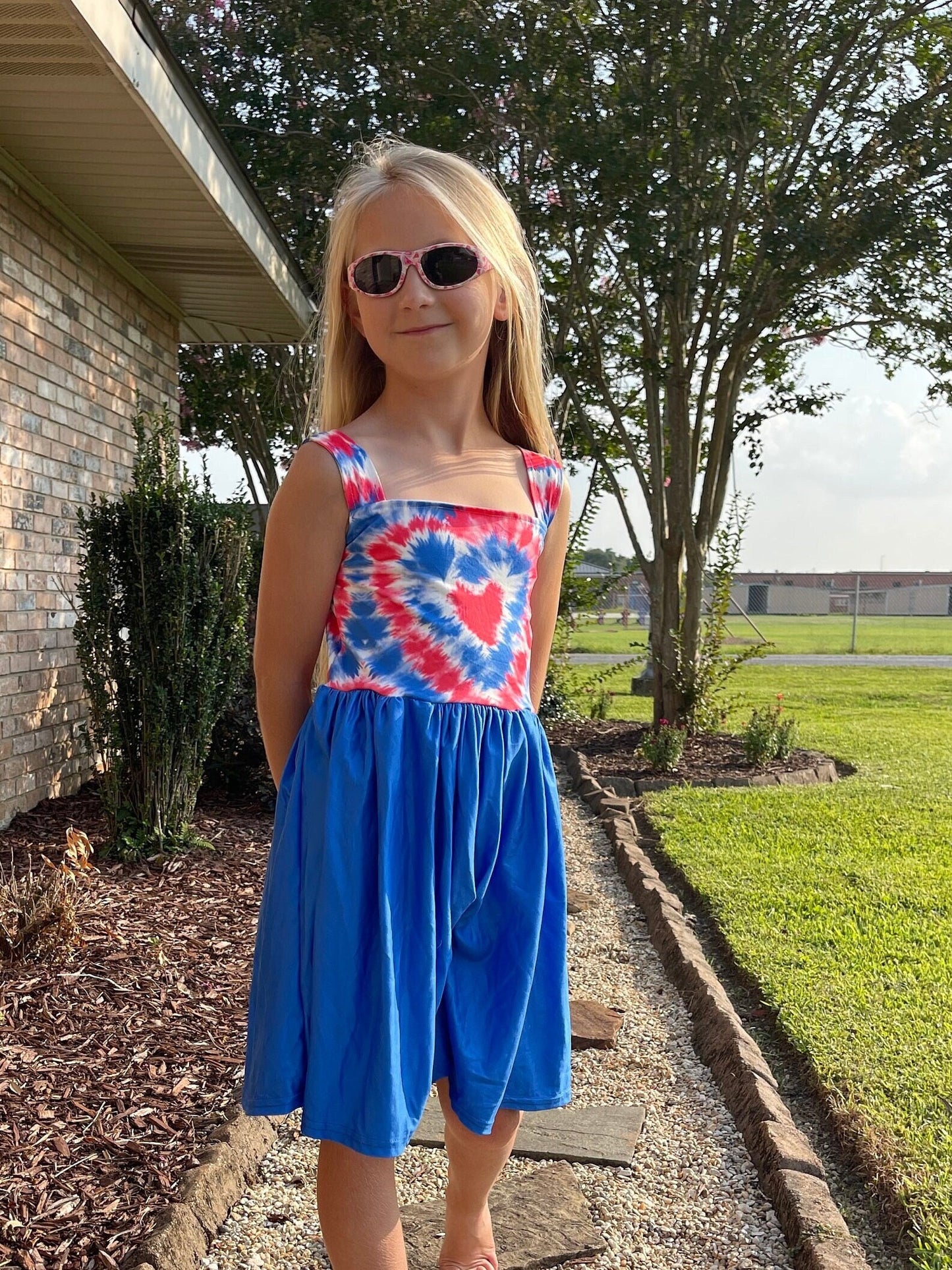 Red white and blue tye die heart tank