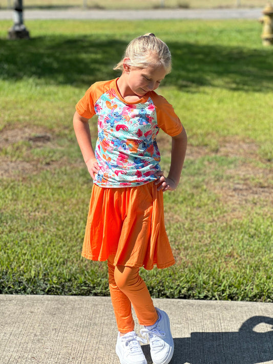 Orange Stitch twirl skirt leggings set