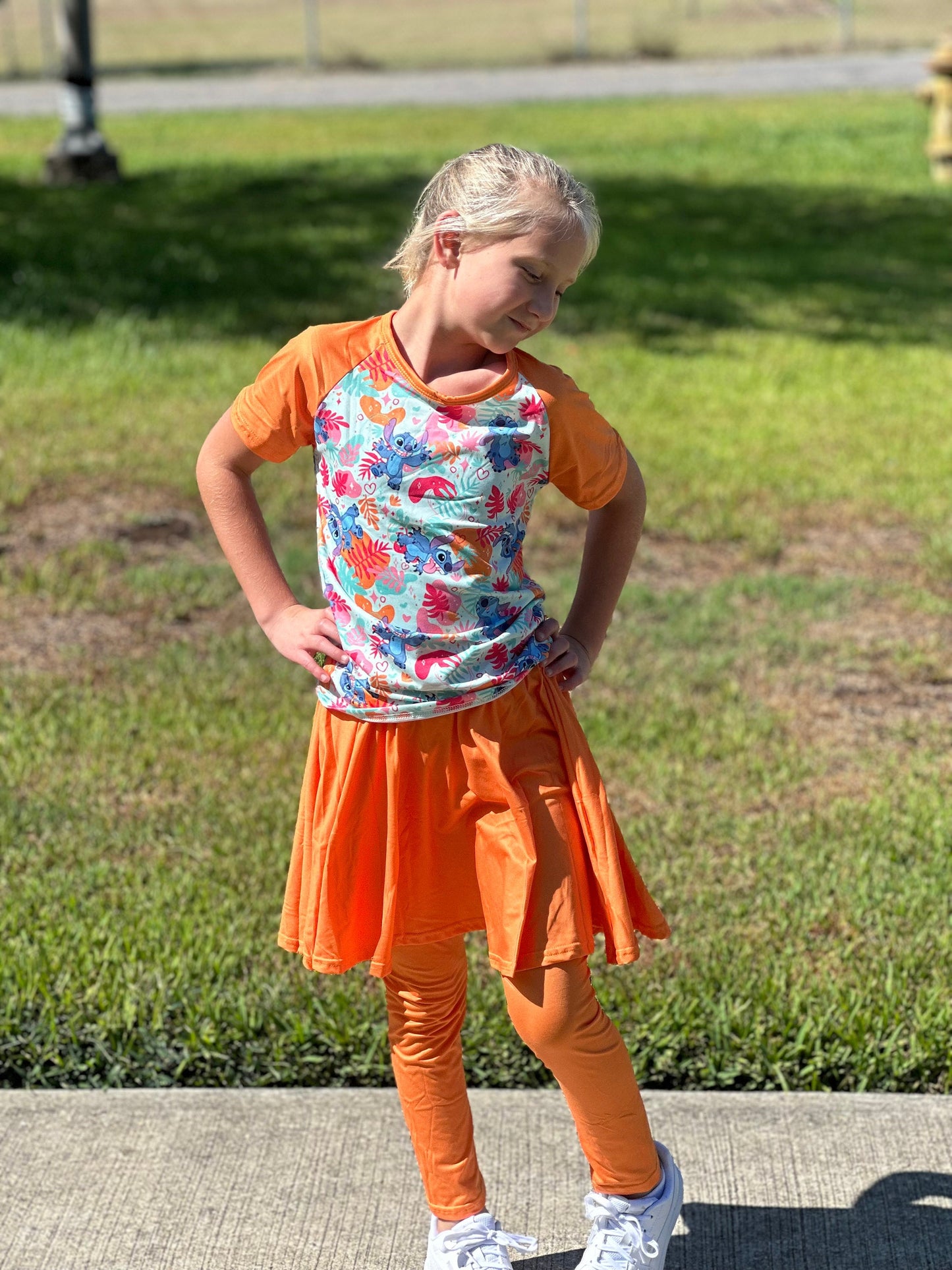 Orange Stitch twirl skirt leggings set