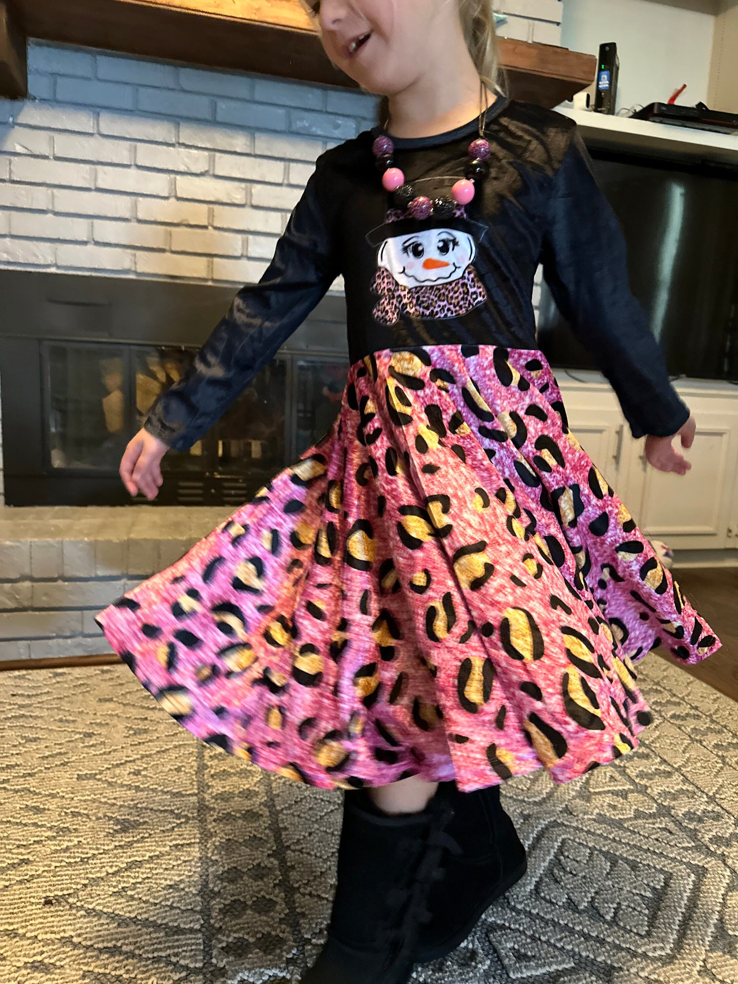 Snowman Leopard Velvet Twirl Dress