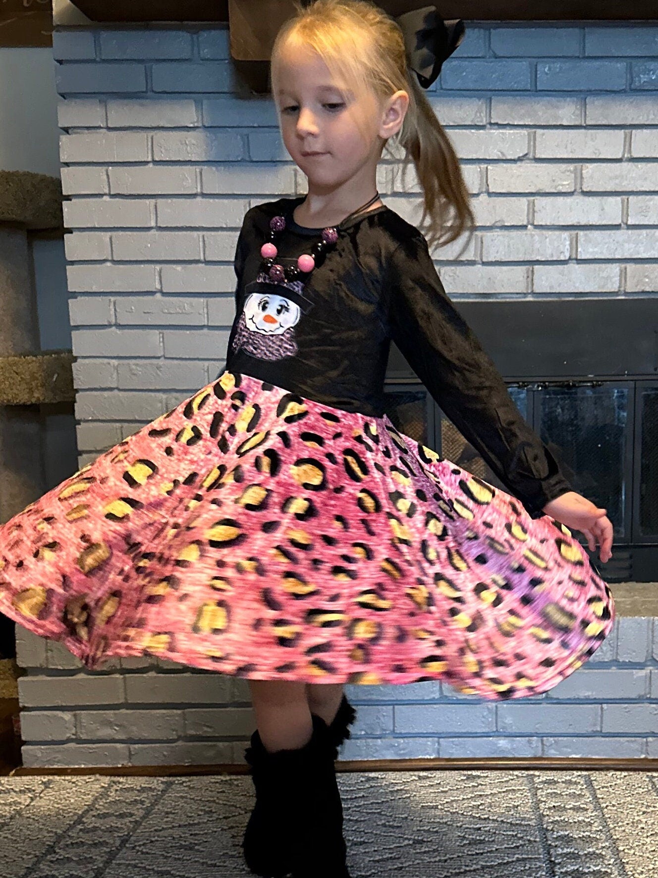 Snowman Leopard Velvet Twirl Dress