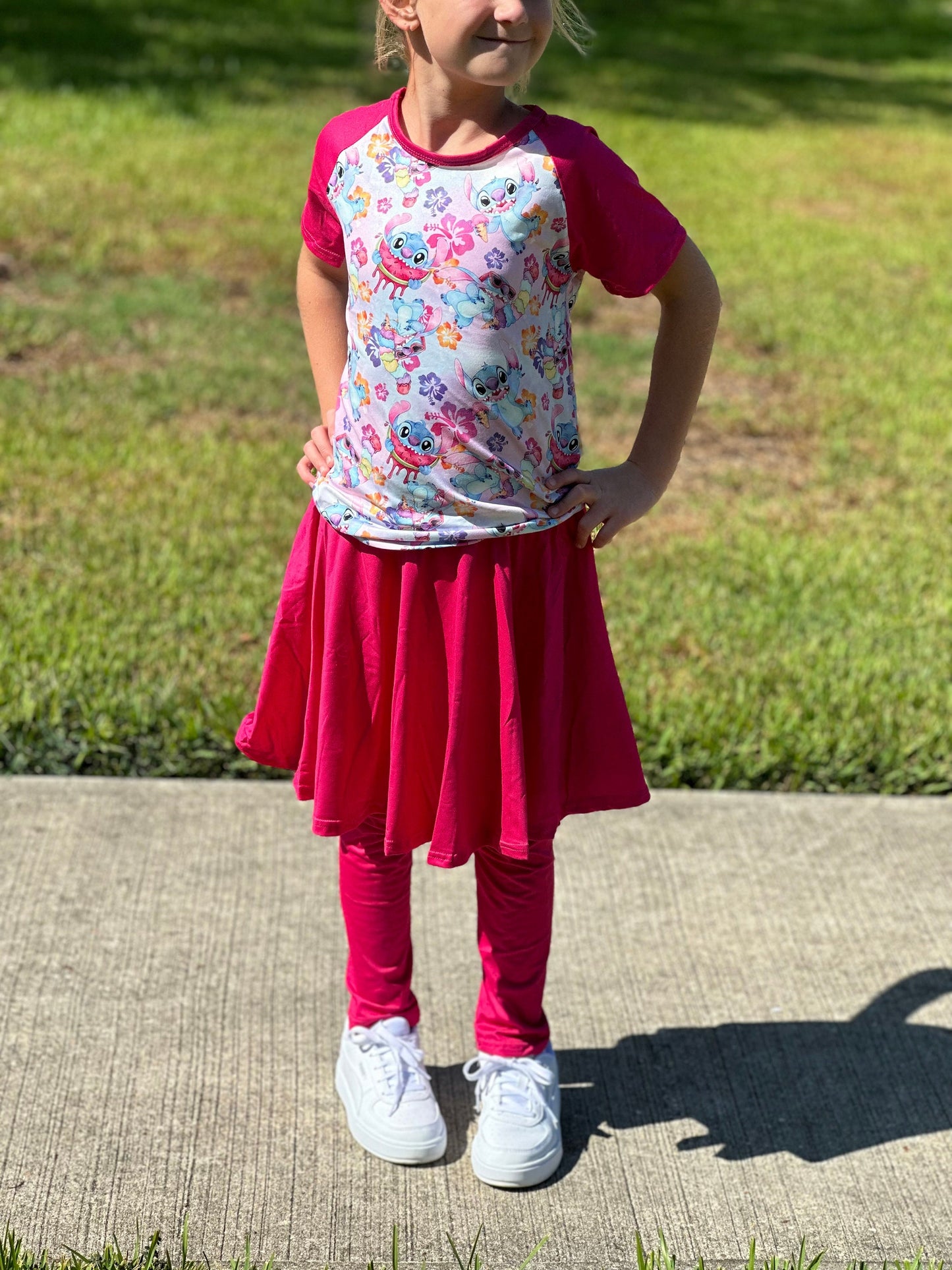 Stitch hot pink leggings twirl skirt set