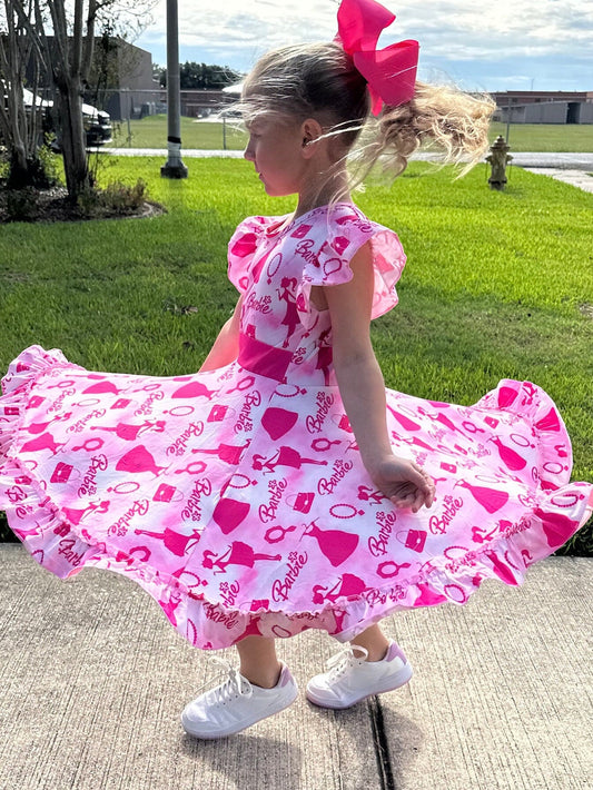 Pink and white Fancy Doll Bow Back Twirl Dress