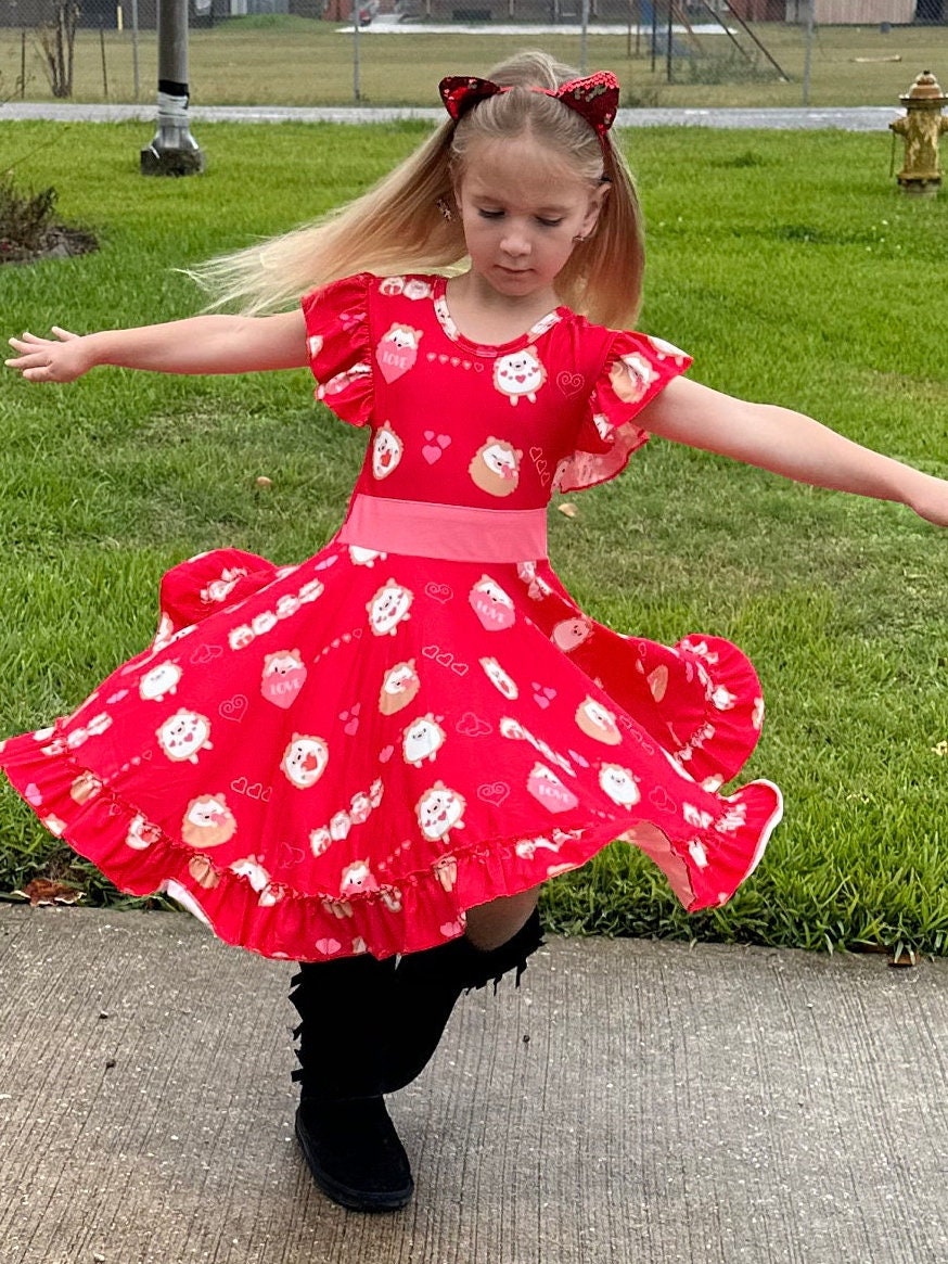 Hedgehog Love Bow Back Twirl Dress