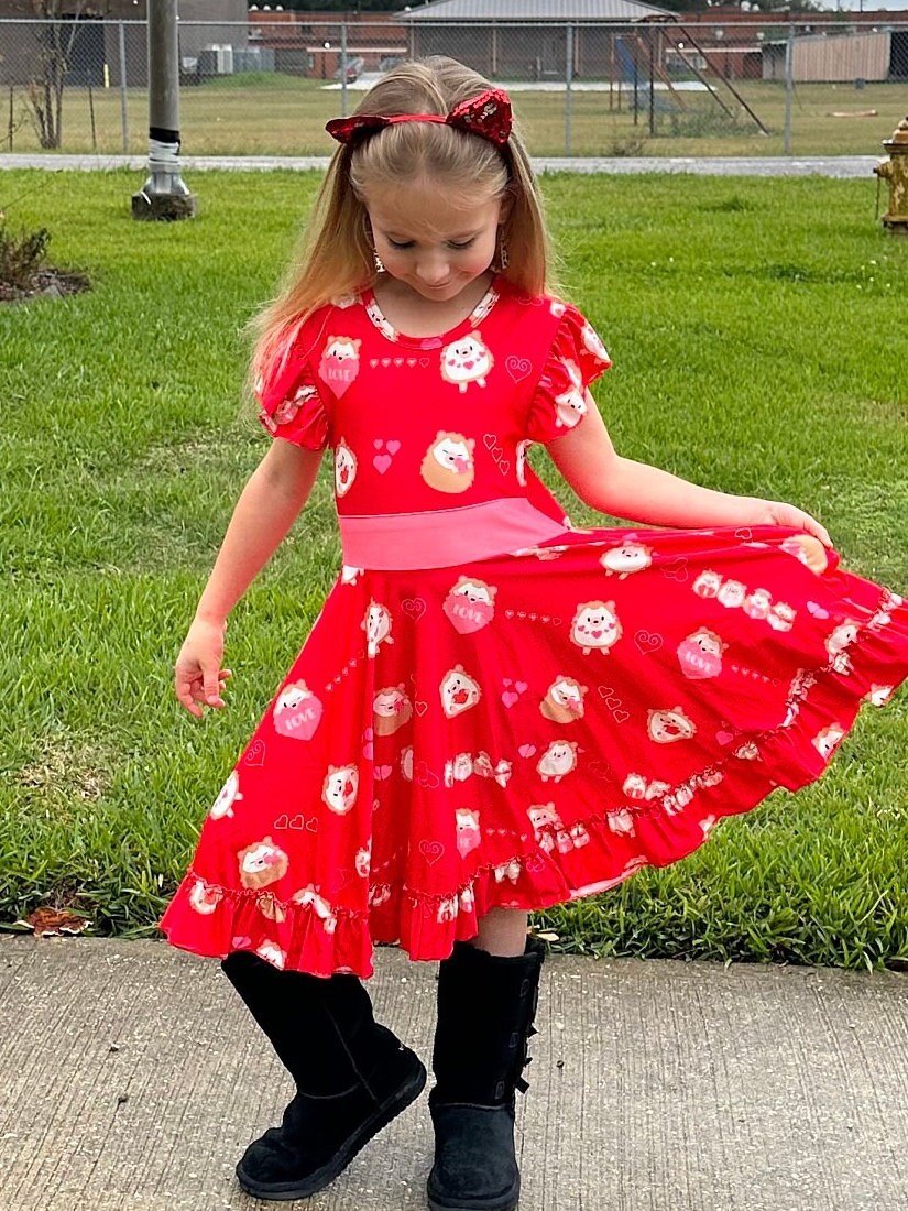 Hedgehog Love Bow Back Twirl Dress