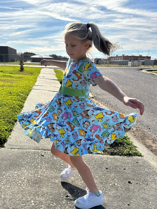 Blue Pocket Characters Twirl Dress