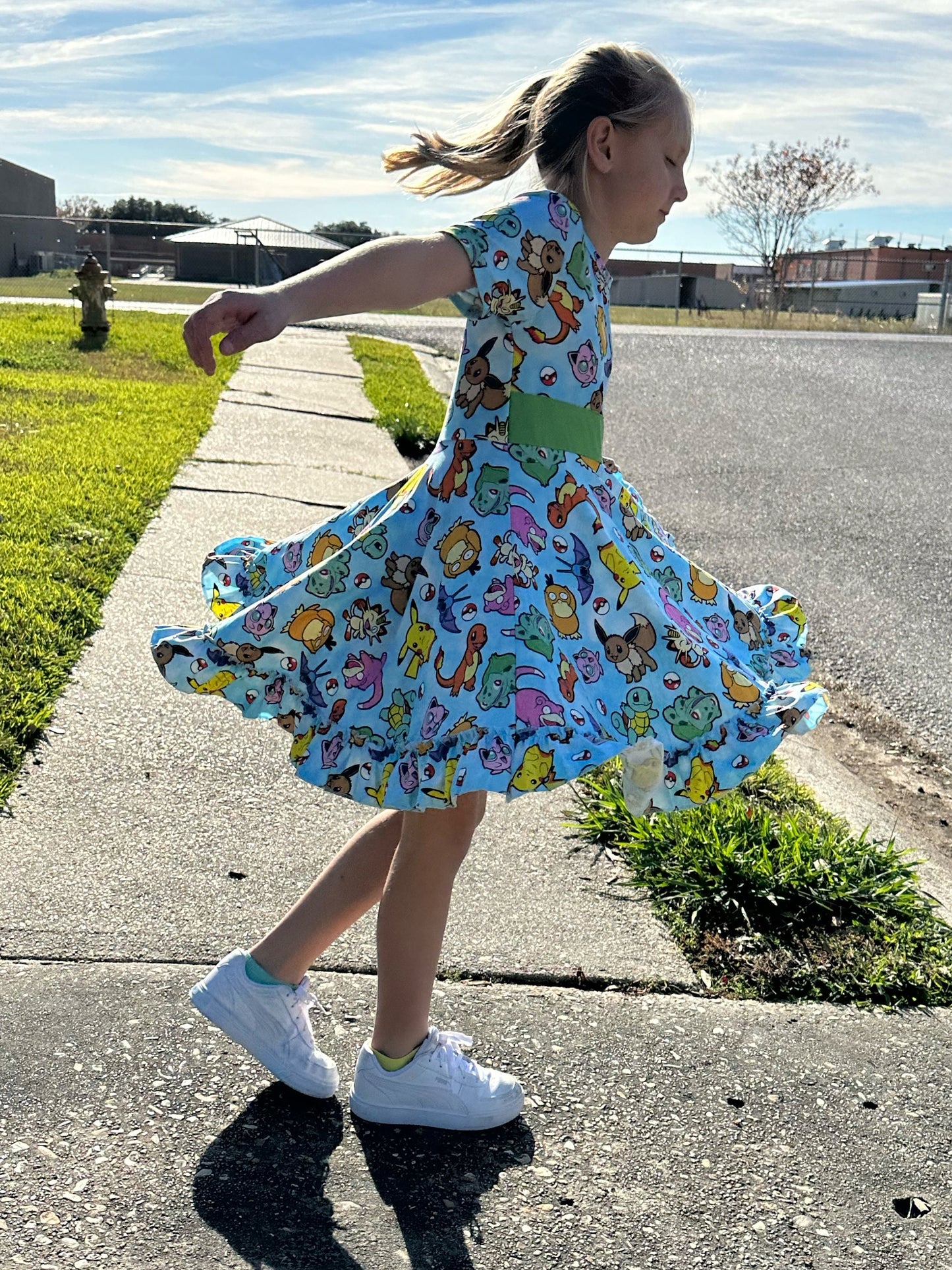 Blue Pocket Characters Twirl Dress