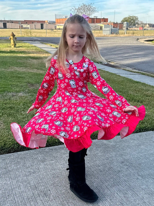 Snowy Kitty Long Sleeve Twirl Dress