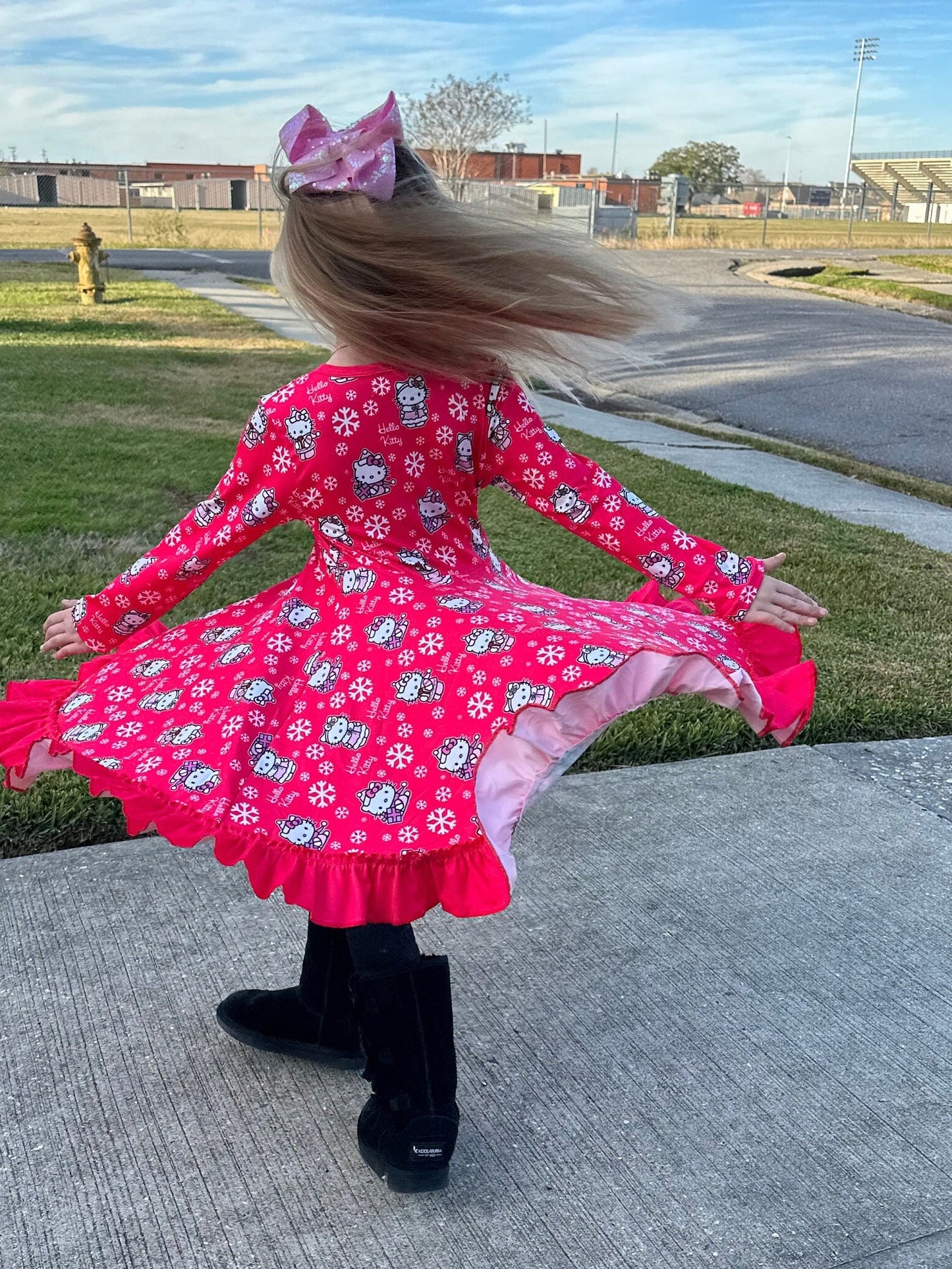 Snowy Kitty Long Sleeve Twirl Dress