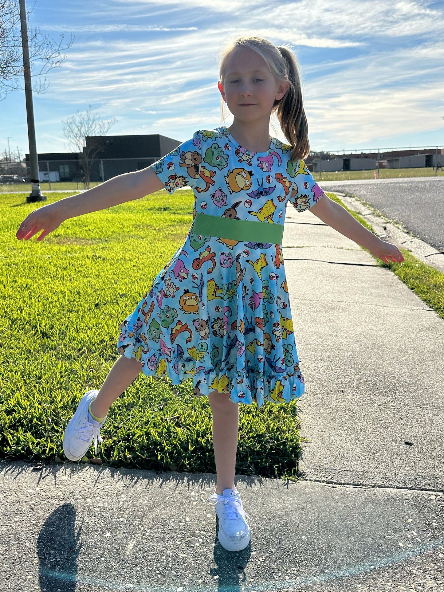 Blue Pocket Characters Twirl Dress