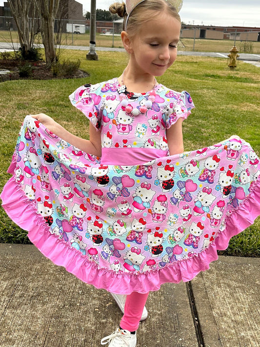Pink Kitty Bow Back Twirl Dress