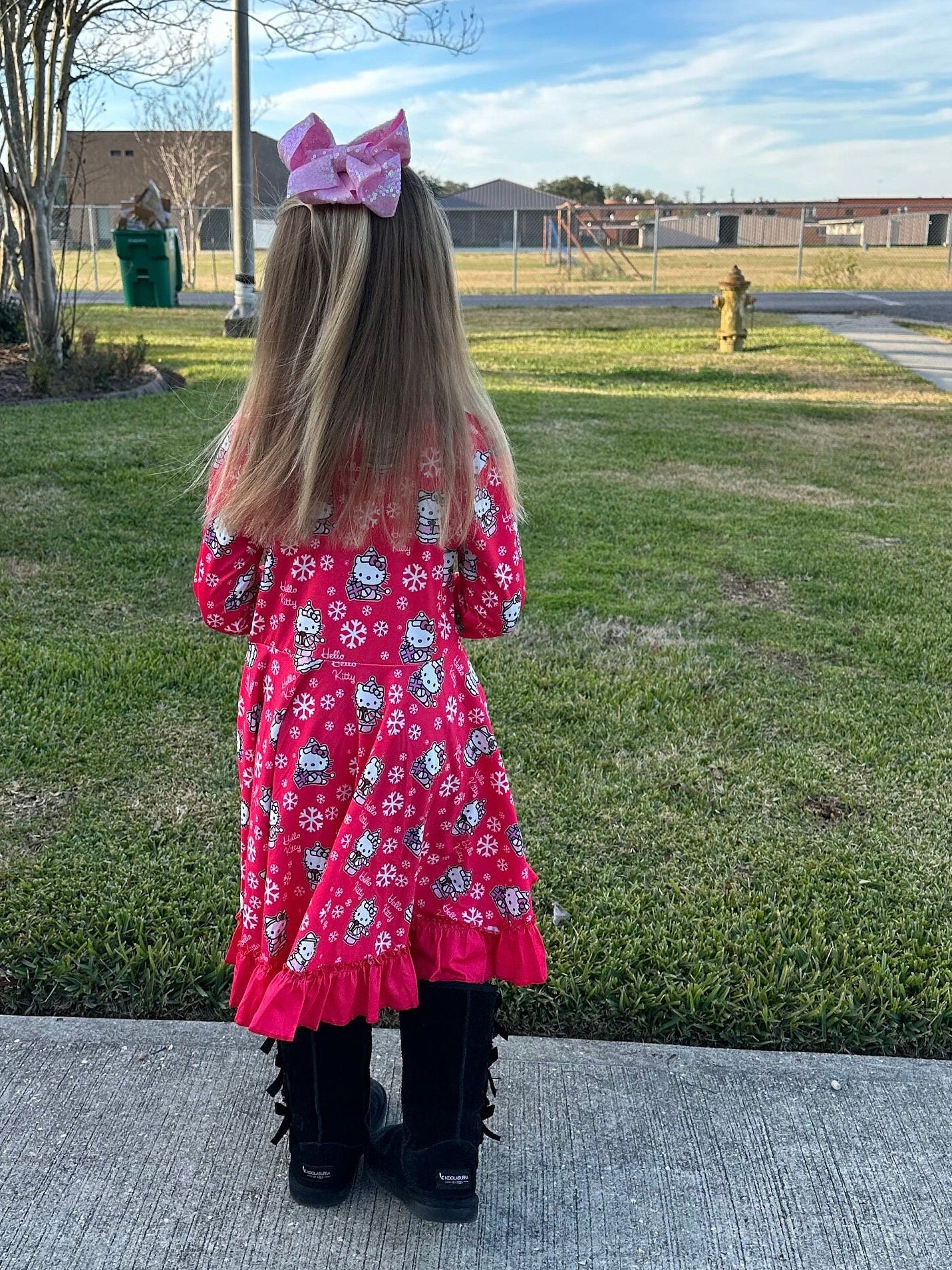 Snowy Kitty Long Sleeve Twirl Dress