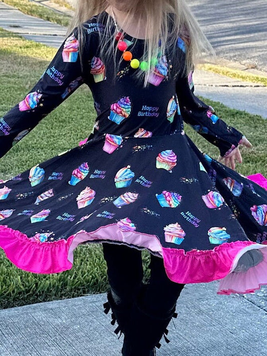 Rainbow Birthday Cupcakes Bow Back Twirl Dress