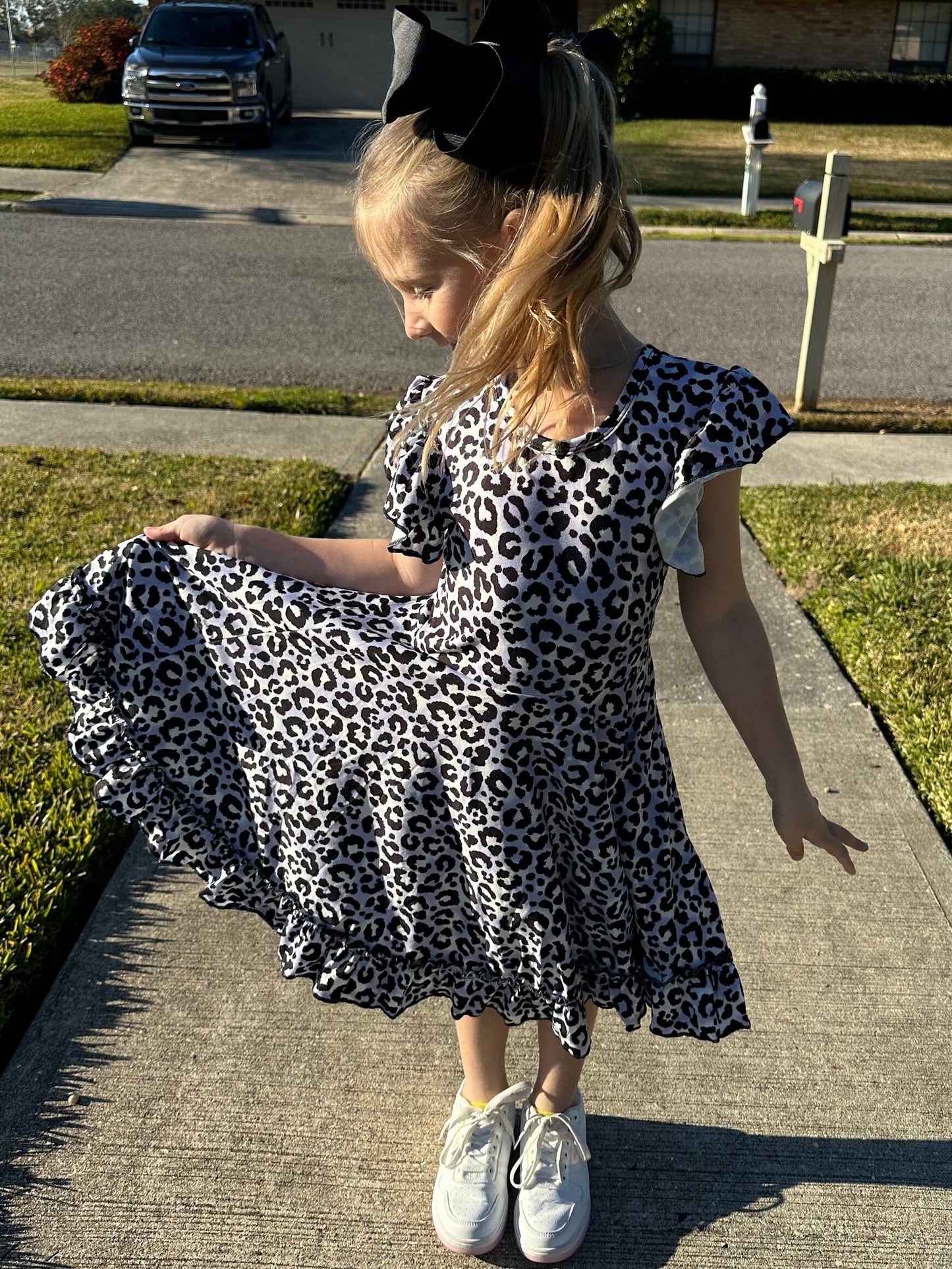 Snow Leopard Bow Back Twirl Dress