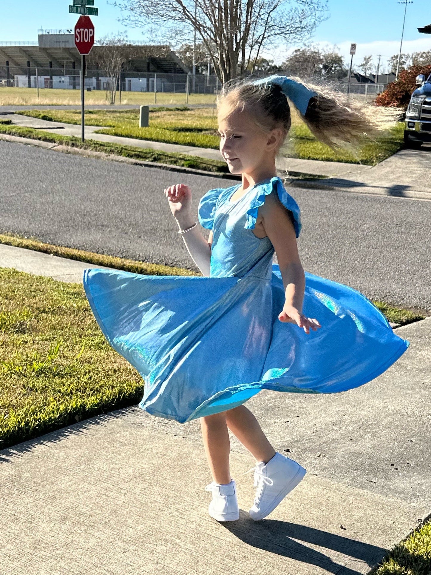 Blue Shimmer Cross Back Twirl Dress