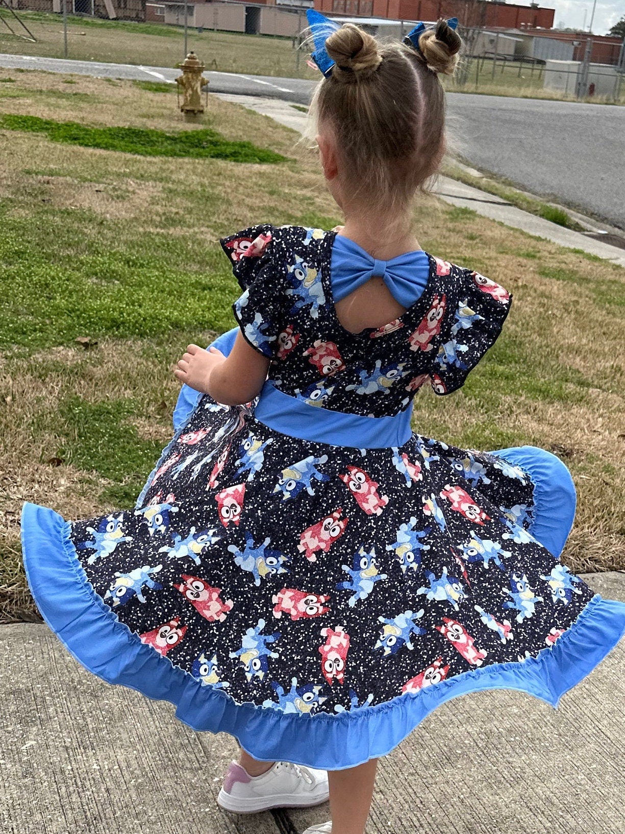 Blue Dog and Friend Bow Back Twirl Dress