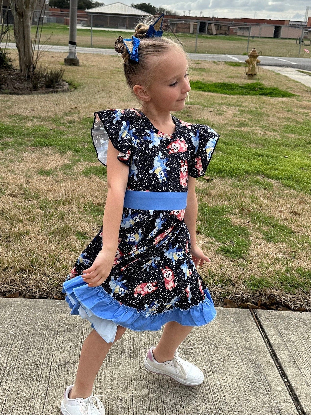 Blue Dog and Friend Bow Back Twirl Dress