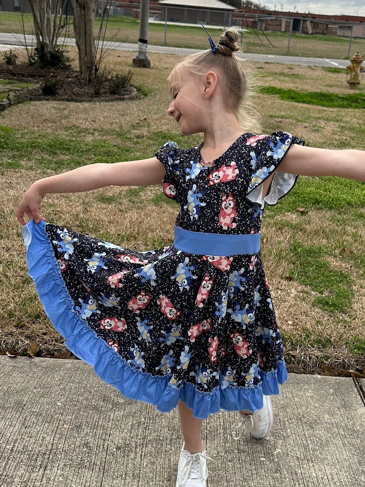 Blue Dog and Friend Bow Back Twirl Dress