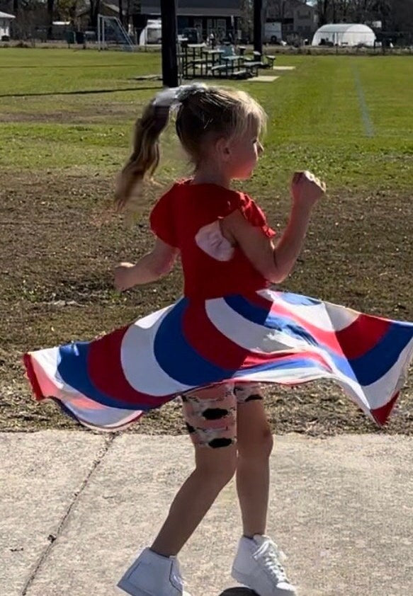 Red white and blue swirling twirl dress