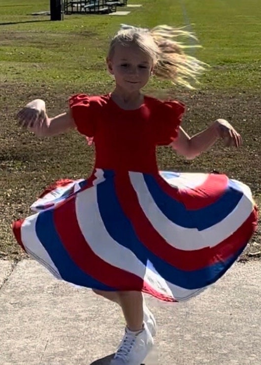 Red white and blue swirling twirl dress