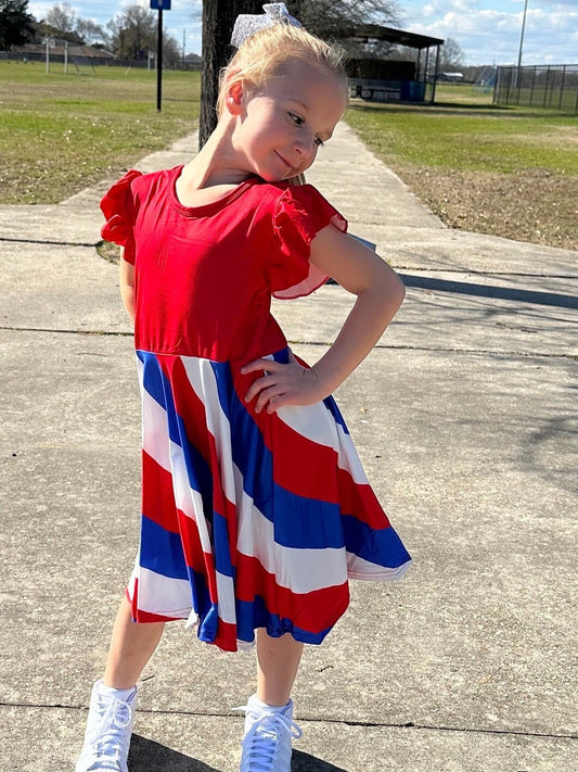 Red white and blue swirling twirl dress