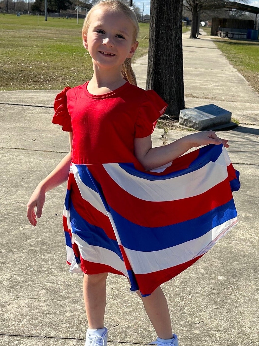 Red white and blue swirling twirl dress