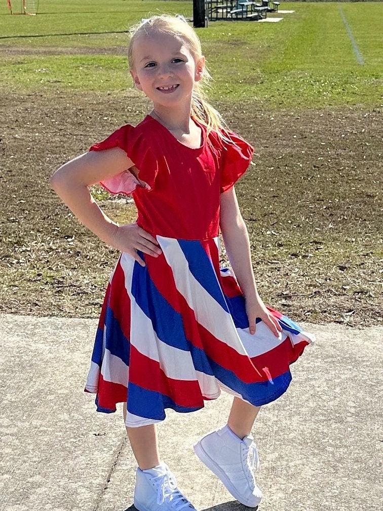 Red white and blue swirling twirl dress