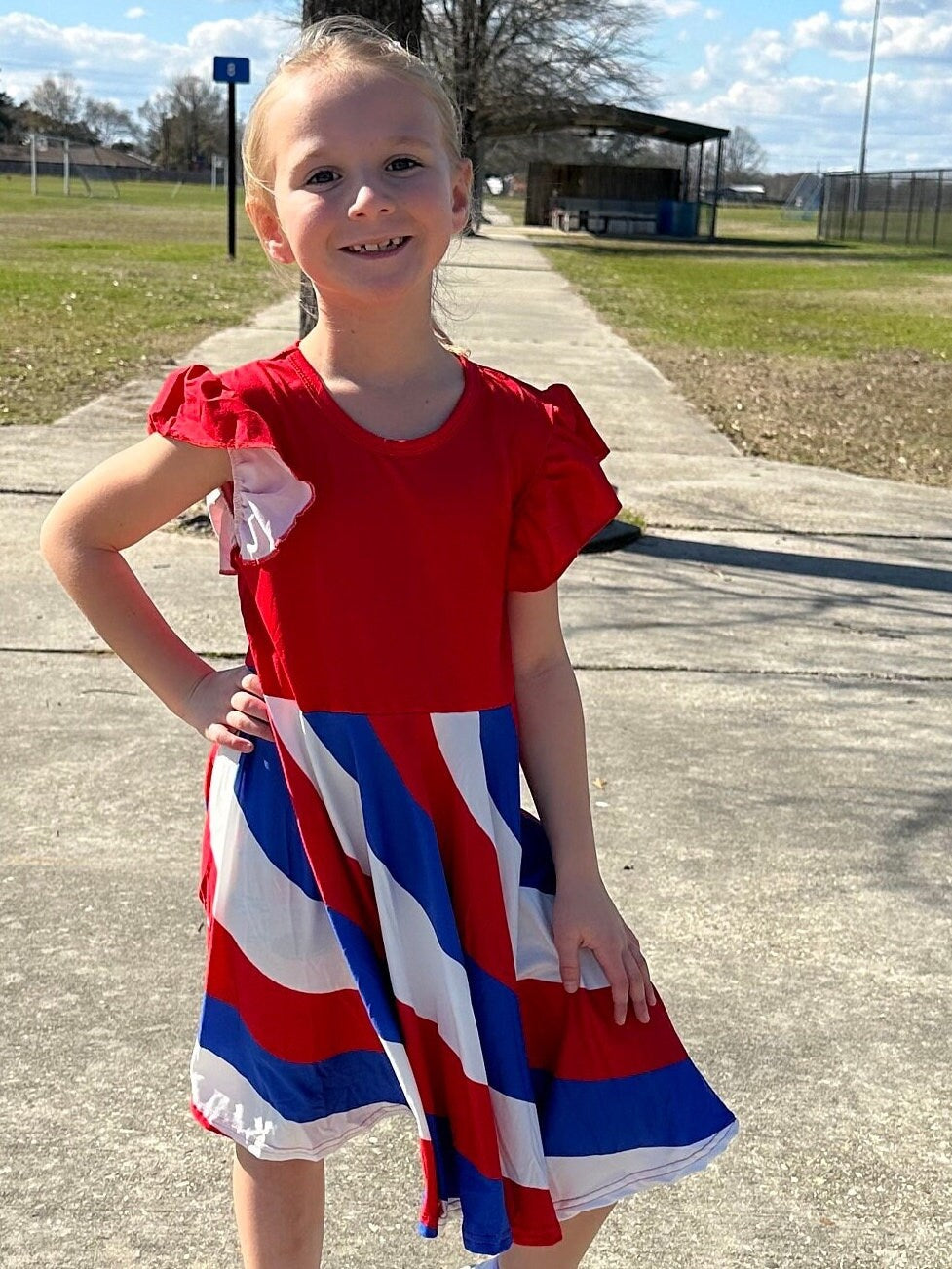 Red white and blue swirling twirl dress