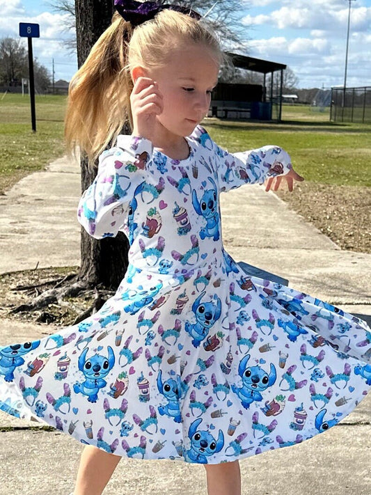 Long sleeve Blue Alien Bow Back Twirl Dress