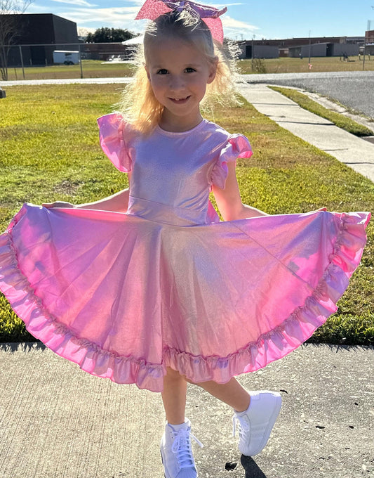 Pink Shimmer Bow Back Twirl Dress